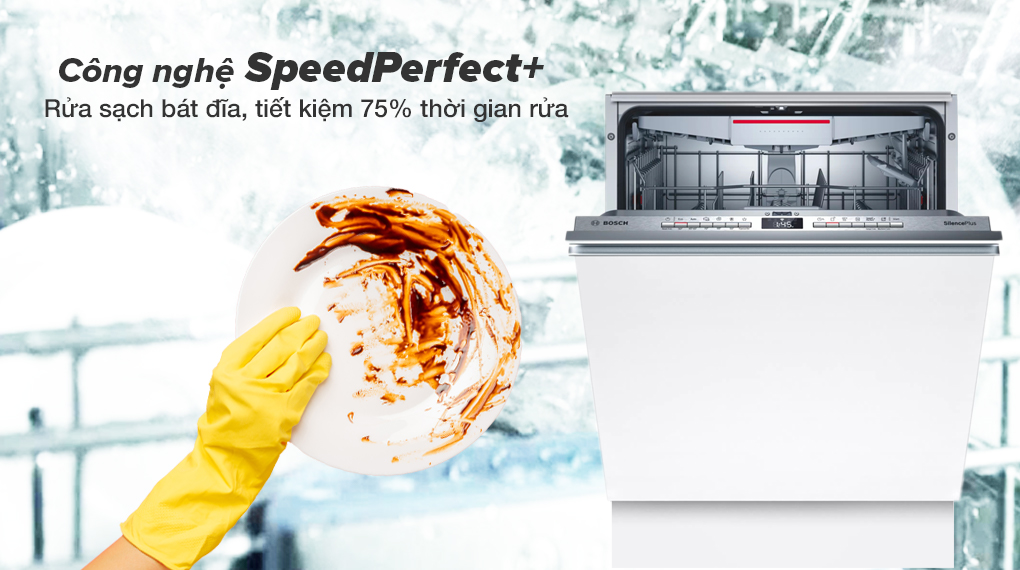 Chức năng SpeedPerfect + cho phép bát đĩa trong máy SMV4HCX48E được làm sạch hoàn hảo với thời gian rửa giảm tới 75%